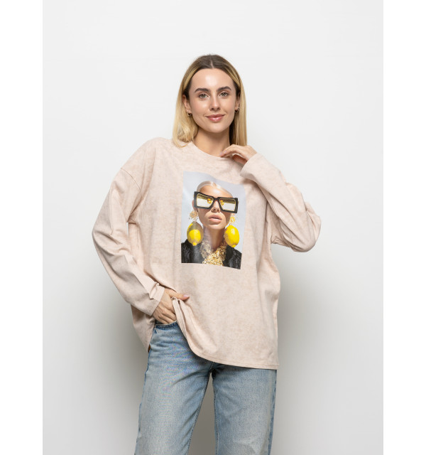 Футболка Long Sleeve Suprem бежева сережки-лимони