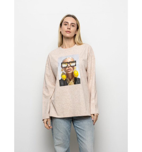 Футболка Long Sleeve Suprem бежева сережки-лимони