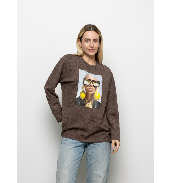 Футболка Long Sleeve Suprem шоколад сережки-лимони