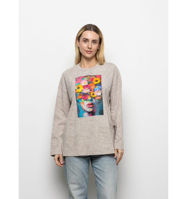 Футболка Long Sleeve Suprem мокко голова-квіти