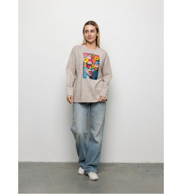 Футболка Long Sleeve Suprem мокко голова-квіти