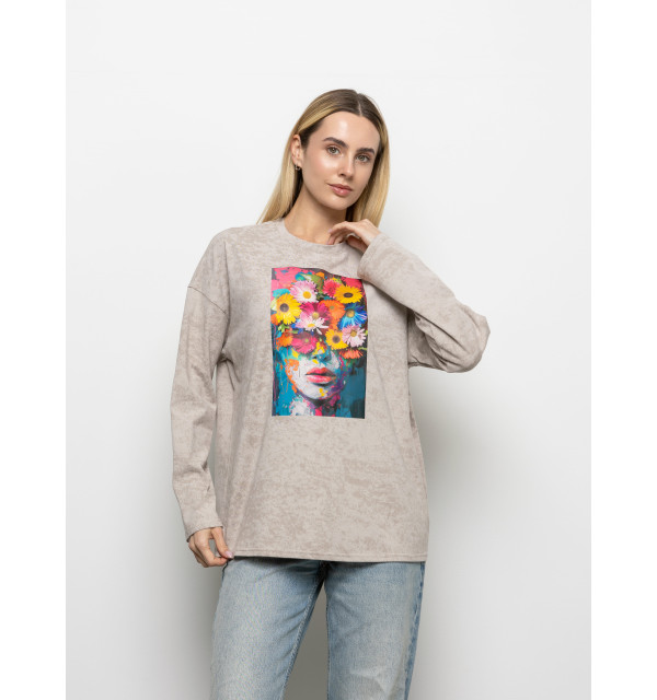 Футболка Long Sleeve Suprem мокко голова-квіти